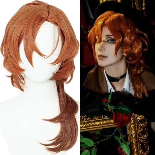 Half and Half Long Curly Orange Brown Anime Ponytail Cosplay Wig