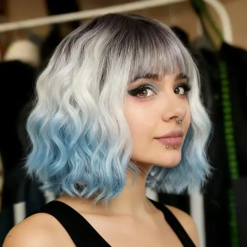 Ombre silver to blue wavy bob wig with arched bangs on model