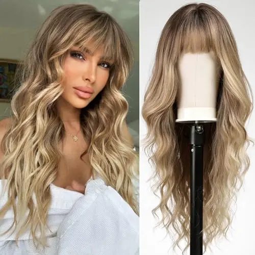 Ombre blonde wavy wig with bangs