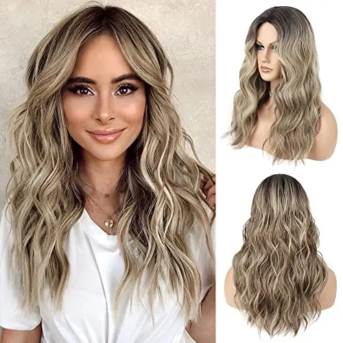 FAELBATY Long Curly Brown Mixed Blonde Wig