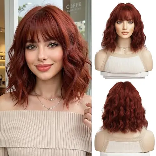 OUFEI reddish brown short wavy synthetic wig