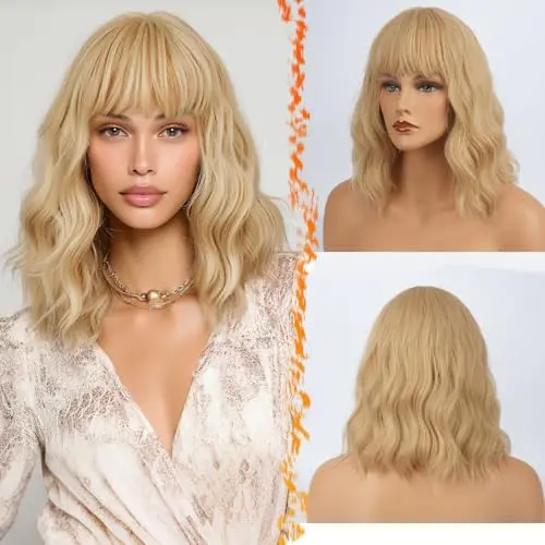 14-inch wavy blonde bob wig with bangs