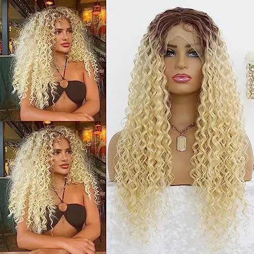 Long kinky curly ombre blonde lace front wig with brown roots