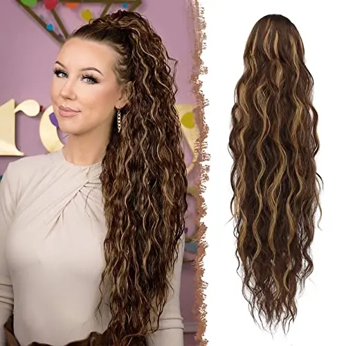 FESHFEN brown highlighted strawberry blonde 26-inch drawstring curly ponytail extension