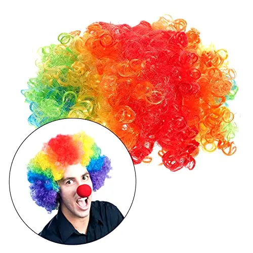 Colourful afro-style clown wig with tight curls on display
