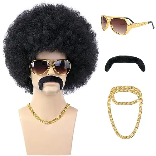 Product image of morvally 70s Black Afro Wig for Men with Glasses Chain and Mustache