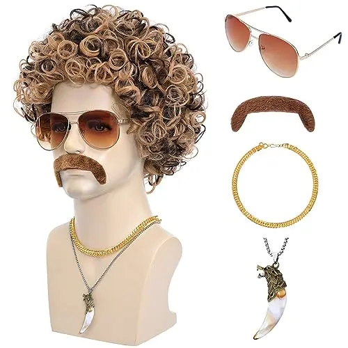 Blonde mixed brown disco wig set with accessories