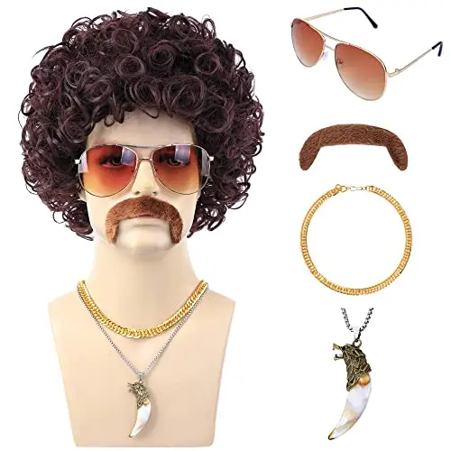 Bettecos reddish brown 70s 80s disco wig with sunglasses, moustache, chain, and necklace