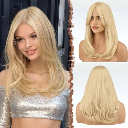 FESHFEN 18-inch light blonde long layered straight synthetic wig with bangs