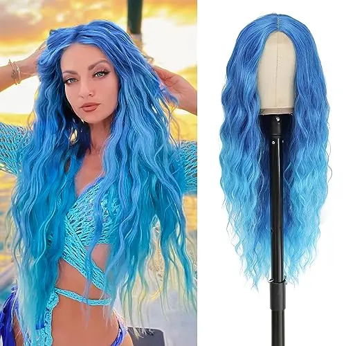 BUPPLER blue long middle part wavy wig