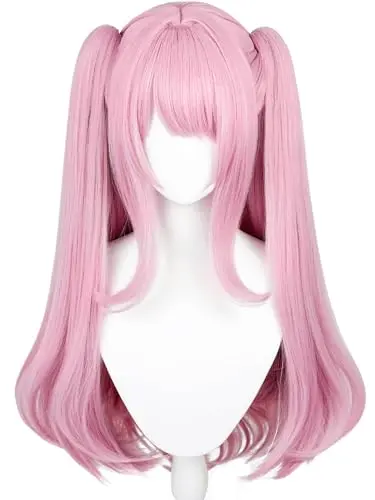 Half and Half pink curly twin tail anime wig with bangs