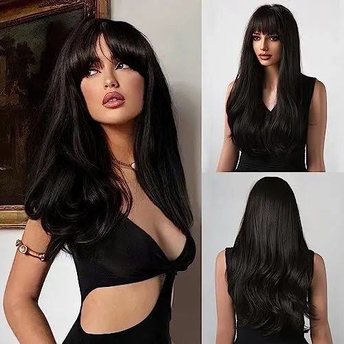 Black long wavy wig with bangs