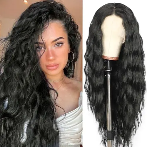 Sapphirewigs 134 black long curly lace front wig on model
