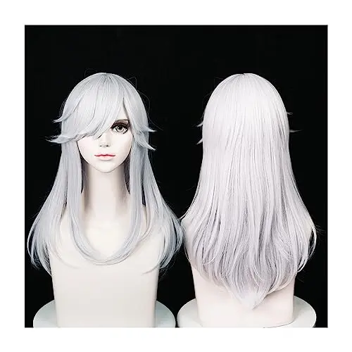 White/silver anime cosplay wig with free cap