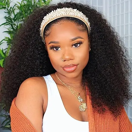 Kinky curly human hair headband wig with natural black colour