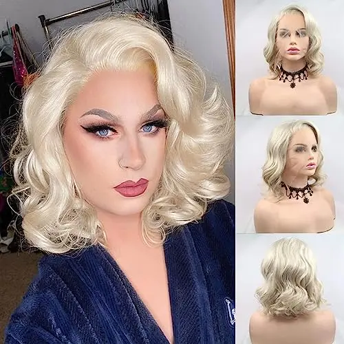 AFBeauty 613 platinum blonde short curly bob lace front wig with baby hair on model