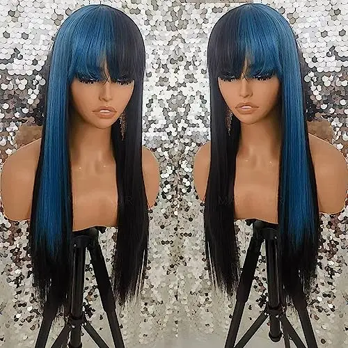 Maycaur blue skunk stripe long straight wig with full bangs