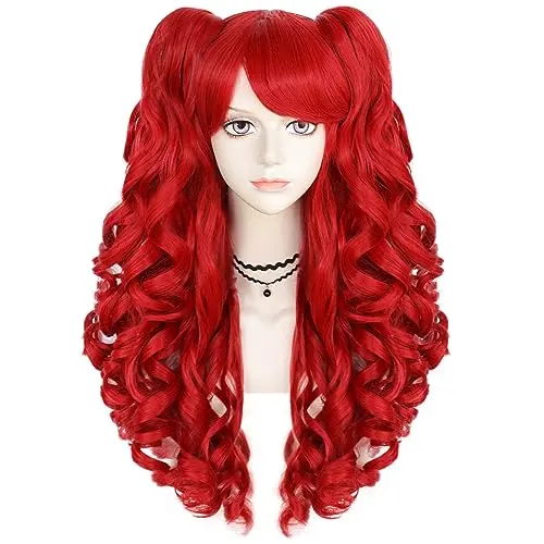 Red curly long cosplay wig with double ponytails