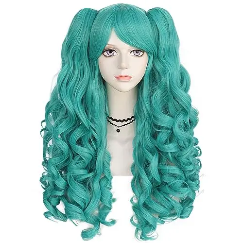 Anogol long teal blue pigtail wig with bangs and wavy curls