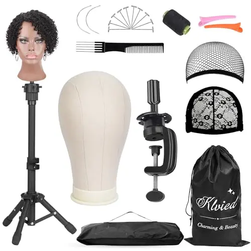 Klvied desktop wig stand set with canvas head and table clamp on a desk