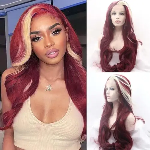 Angle Lucky long wavy burgundy highlight blonde lace front wig