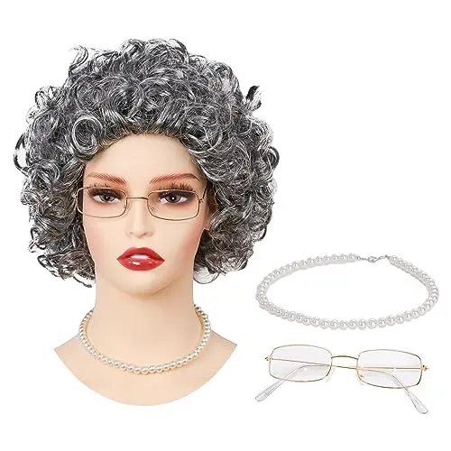 Fumwase old lady wig set with grey granny wig, Madea granny glasses, and faux pearl necklace