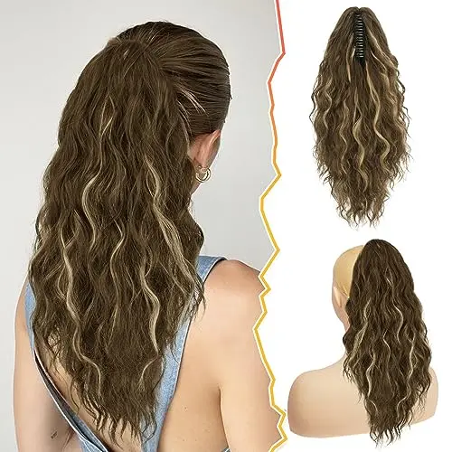BARSDAR 18-inch wavy ponytail extension in brown with beige blonde highlights