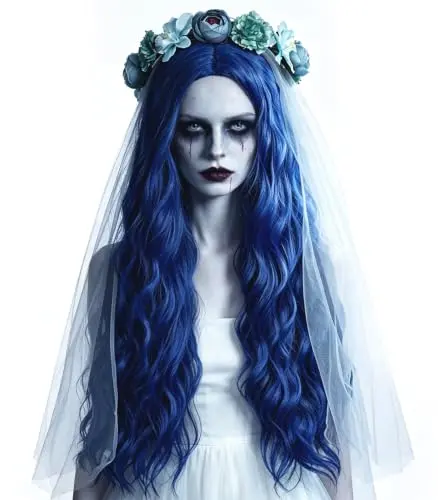 Probeauty Blue Corpse Bride Wig with Flower Crown and Veil