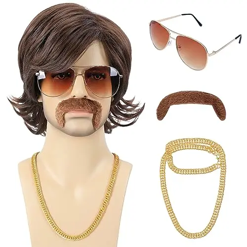 Bettecos Short Brown Shaggy 70s Wig Set