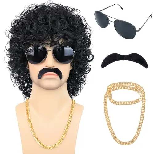Bettecos 80s Jerry curl mullet wig with mustache glasses and chain