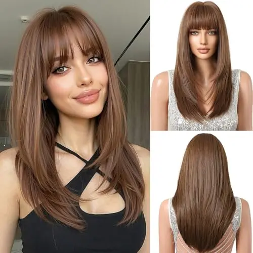 Front view of OUFEI 19-inch long straight brown wig