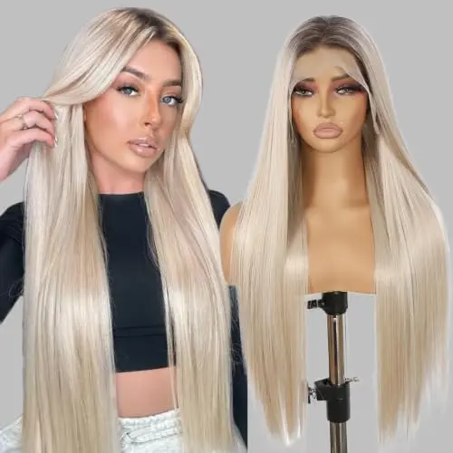 Sapphirewigs 26 inch straight lace front synthetic wig in natural blonde