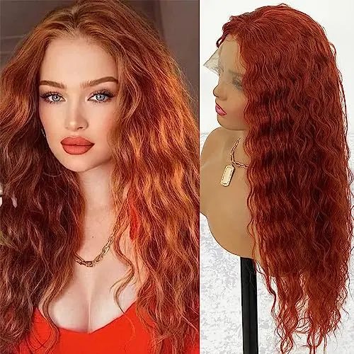 MACA BAKA copper red long water wave synthetic lace front wig with pre-plucked hairline