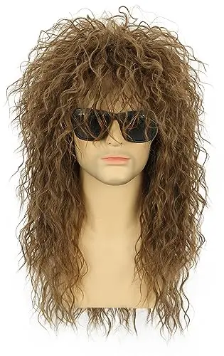 Karlery light brown curly 80s rocker mullet wig for men