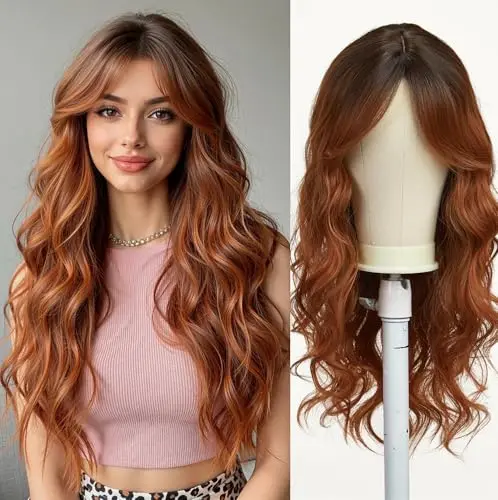Esmee long wavy natural synthetic auburn wig with bangs