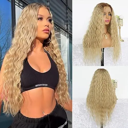 MACA BAKA 24 inch ombre blonde synthetic lace front wig with loose curly wave