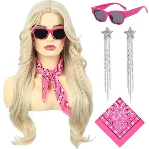 Bettecos long blonde cowgirl wig with bandana, sunglasses and earrings on mannequin