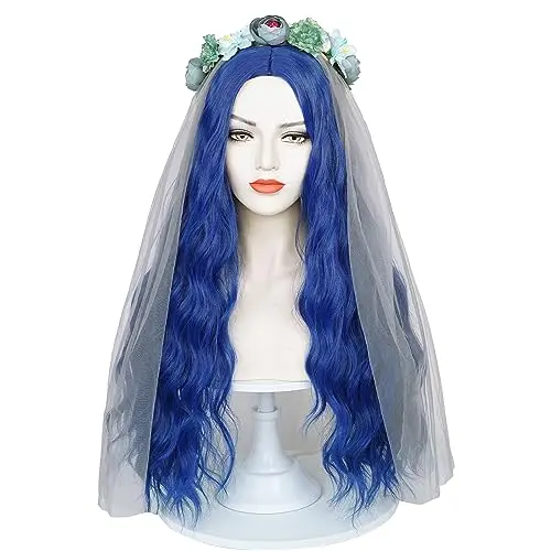 Wiggy Mermaid Blue Corpse Bride Wig with Veil and Flower Crown