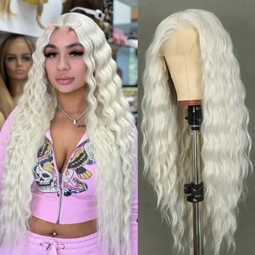 Sapphirewigs 134 platinum blonde lace front wig with long wavy white curls