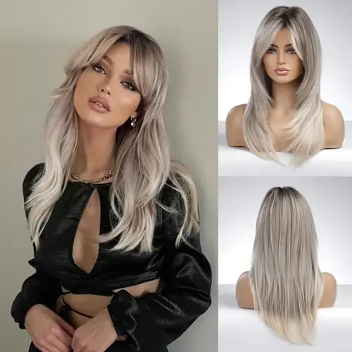 Honygebia long wavy ombre brown to blonde wig with curtain bangs and dark roots