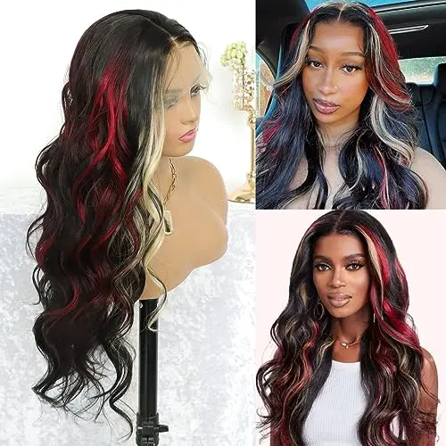 Long wavy black red blonde lace front wig