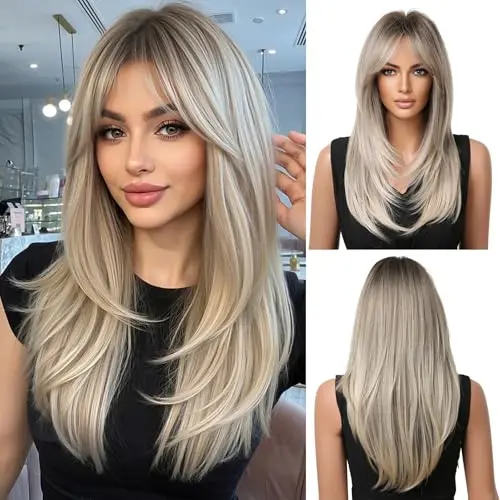 Long straight ombre blonde synthetic wig with bangs