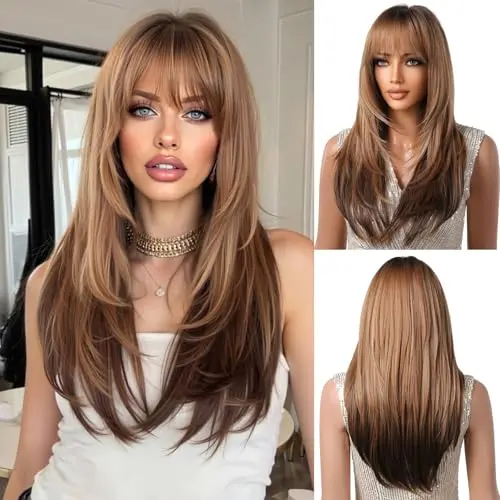 OUFEI brown ombre long straight layered wig with bangs