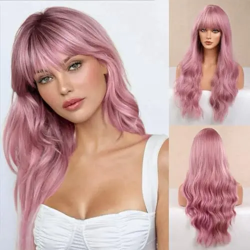 Honygebia long light pink wavy wig with bangs