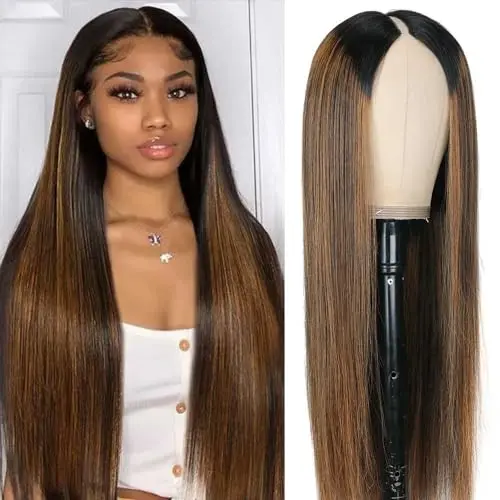 Pobokix Highlight Straight V Part human hair wig in ombre brown