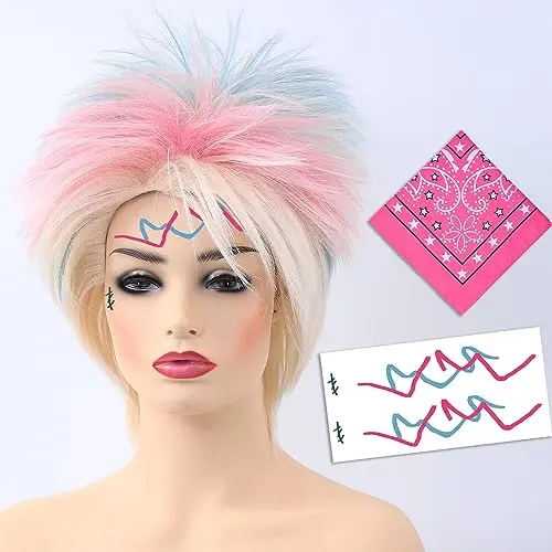 Blonde wig with pink and blue highlights, facial graffiti stickers, and bandana
