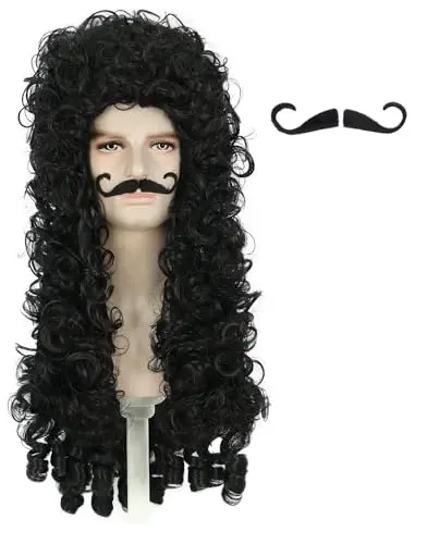 Long curly black pirate wig with matching moustache