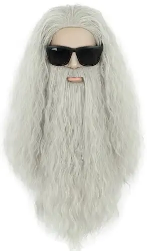 VGbeaty Adult Mens Long Curly Gray Wig and Beard