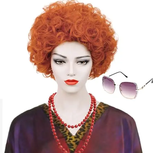Wiggy Mermaid Short Curly Reddish Orange Afro Wig with glasses