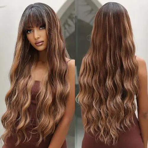 OUFEI Brown Bohemia 28-inch wavy wig with bangs on a mannequin head
